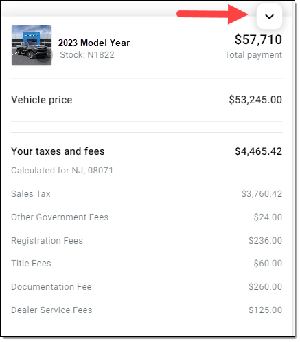 Box around estimated price and arrow pointing to ‘Done’ button. Box around collapsible arrow. 