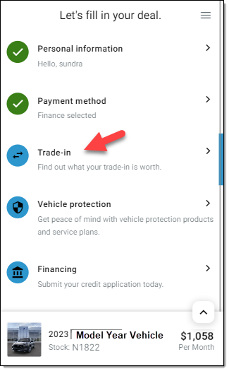 Arrow pointing to ‘Trade-in’ section.