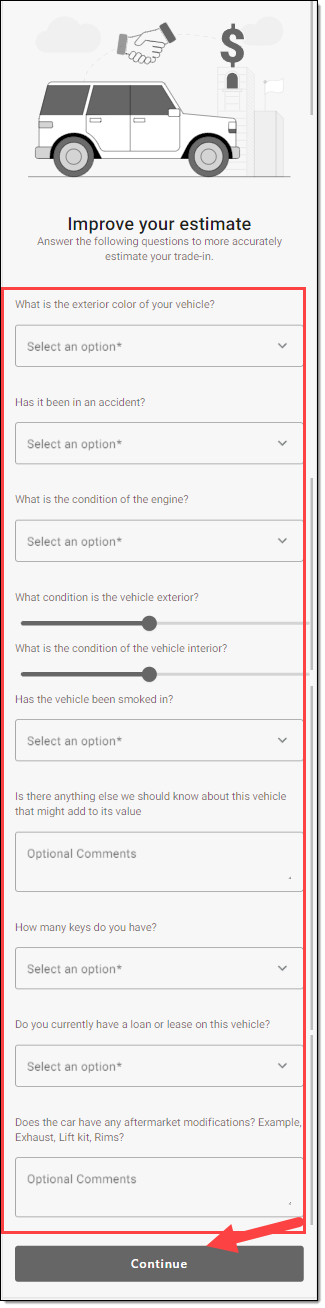 Box around additional fields to input trade-in information. Arrow pointing to ‘Continue’ button. 