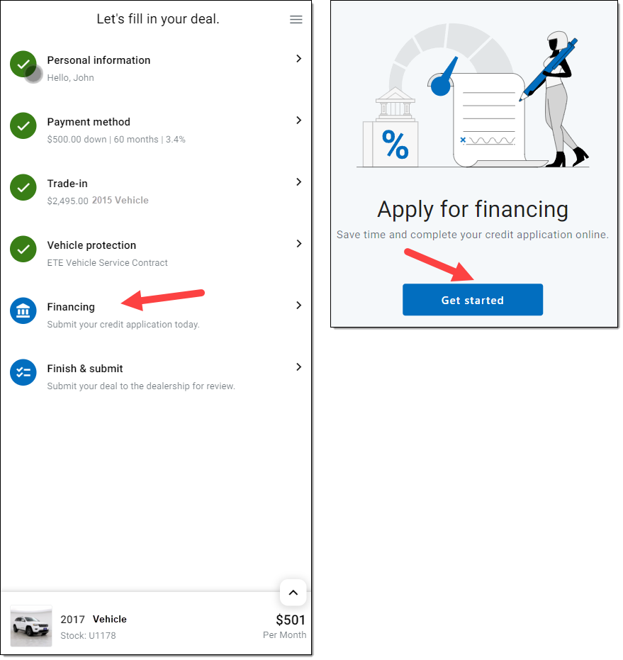 Arrow pointing to ‘Financing’ section. Arrow pointing to ‘Get Started’ button. 