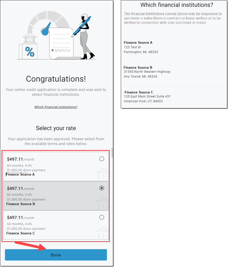Box around rate and term options. Arrow pointing to ‘Done’ button. 