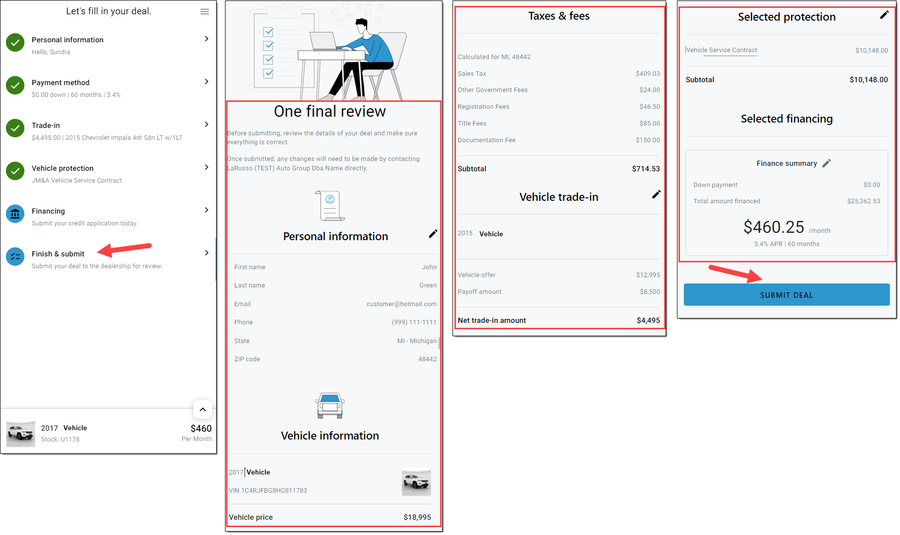 rrow pointing to ‘Review & submit’ section. Boxes around ‘One final review,’ showing the deal information. Arrow pointing to ‘Submit Deal’ button. 