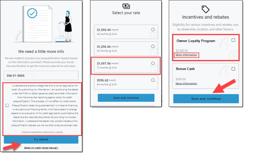 Box around checkbox for agreeing to the disclosure notice and arrow pointing to ‘Try Again’ button. Box around example of a payment term. Boxes around incentive example and ‘More information’ link, and arrow pointing to ‘Save and Continue’ button.