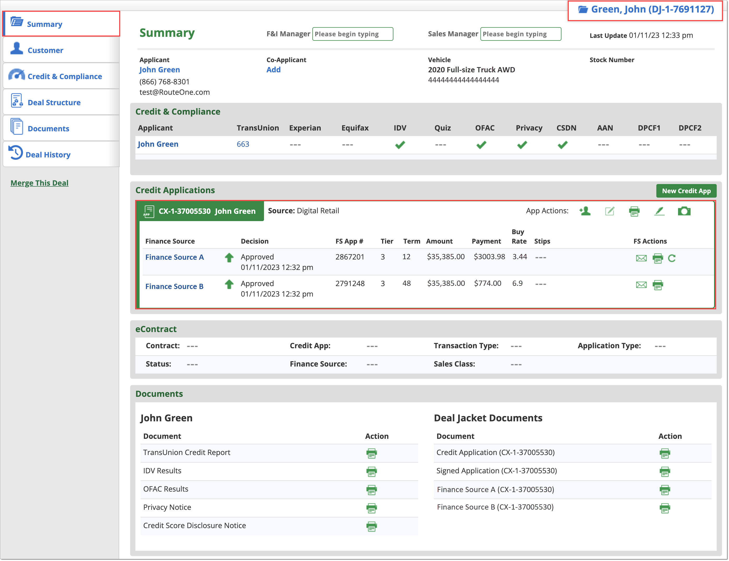 Box around Deal Jacket ID. Box around Summary tab. Box around credit application information from Fusion. 