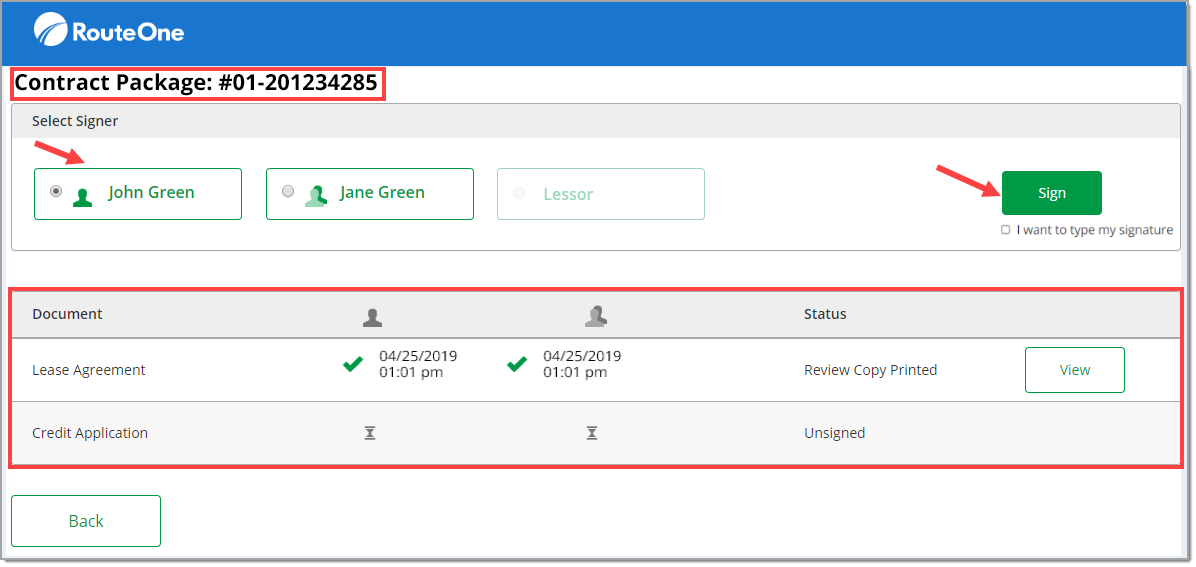 The Contract Package page with a box highlighting the title, an arrow pointing to the selected signer, an arrow pointing to the ‘Sign’ button, and a box highlighting the list of documents.