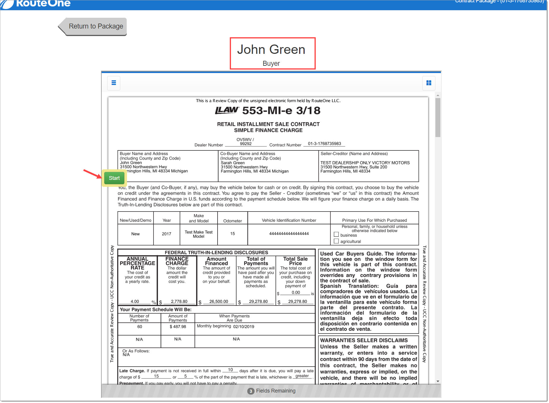 The contract preview, with a box highlighting the signer’s name and an arrow pointing to the ‘Start’ button.