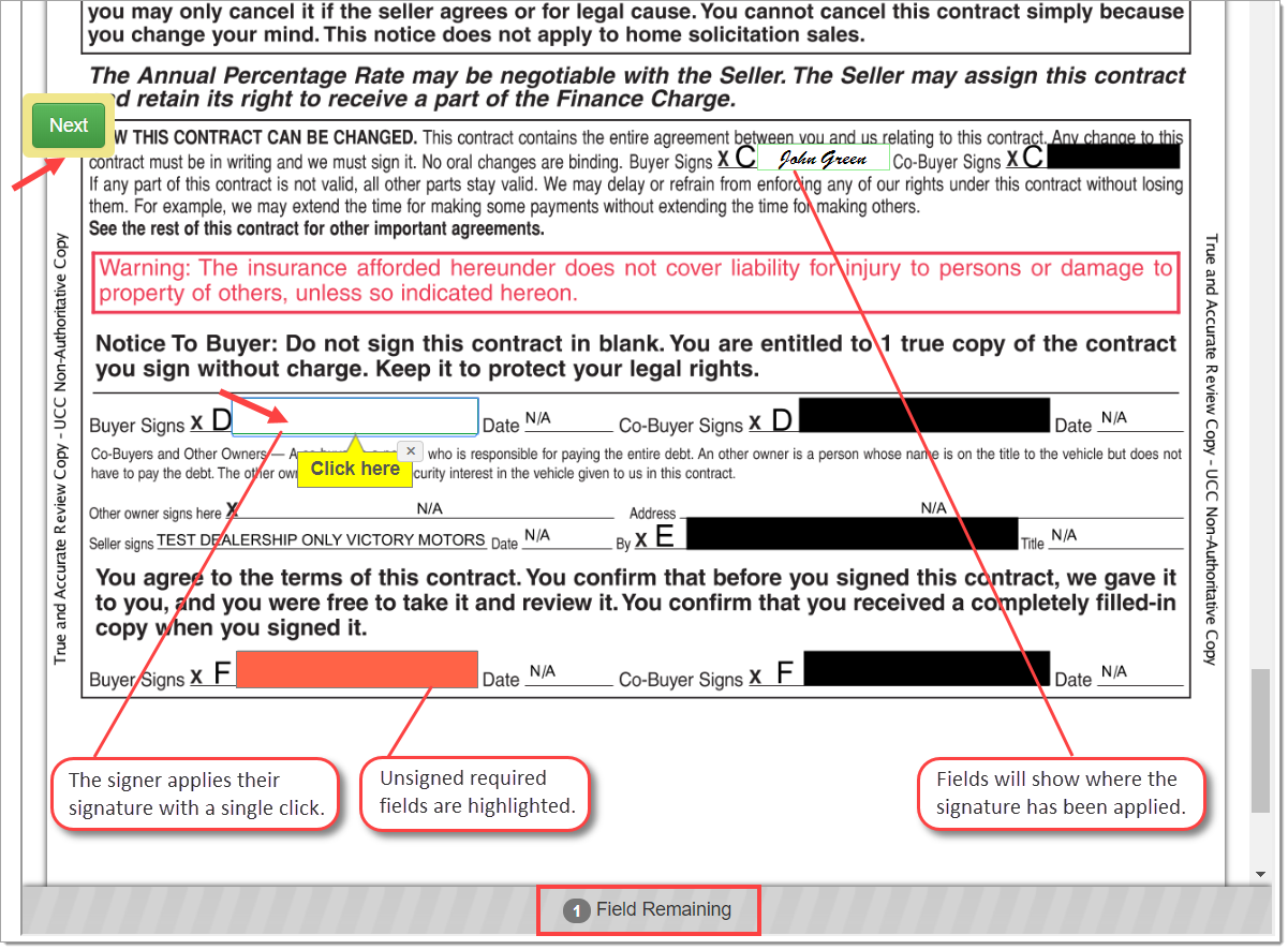 The example contract with an arrow pointing to the ‘Next’ button, a box highlighting the number of fields remaining, and an arrow pointing to the fields to click to apply the signature.  Pointing to a filled-in signature is a text box that says ‘Fields will show where the signature has been applied.’  Pointing to an empty signature box is a text box that says ‘The signer applies their signature with a single click.’  Pointing to a highlighted field is a text box: ‘Unsigned required fields are highlighted.'