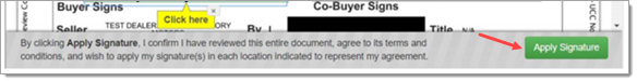 The bottom of the example contract, with an arrow pointing to the ’Apply Signature’ button.