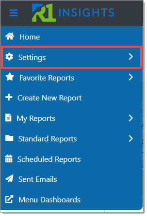 A cropped view of the expanded RouteOne Insights navigation menu with a box highlighting the ‘Settings’ option.