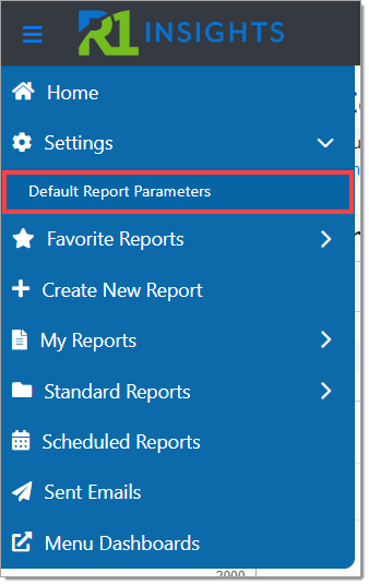 A cropped view of the expanded RouteOne Insights navigation menu with the ‘Settings’ option expanded and a box highlighting the ‘Default Report Parameters’ option.