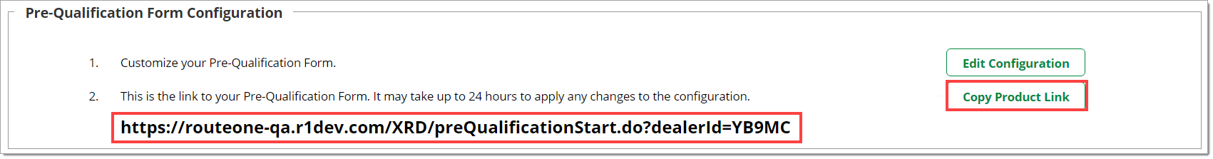 The Pre-Qualification Form Configuration section with boxes highlighting the form link and the ‘Copy Product Link’ button.