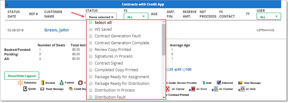 Arrow pointing to filter option for ‘Status.’ Box showing options for filtering. 