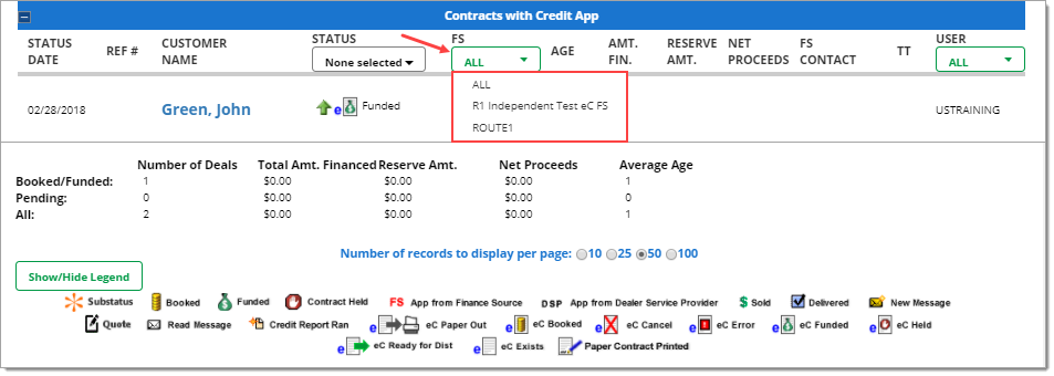 Arrow pointing to filter option for finance source. Box showing options for filtering. 