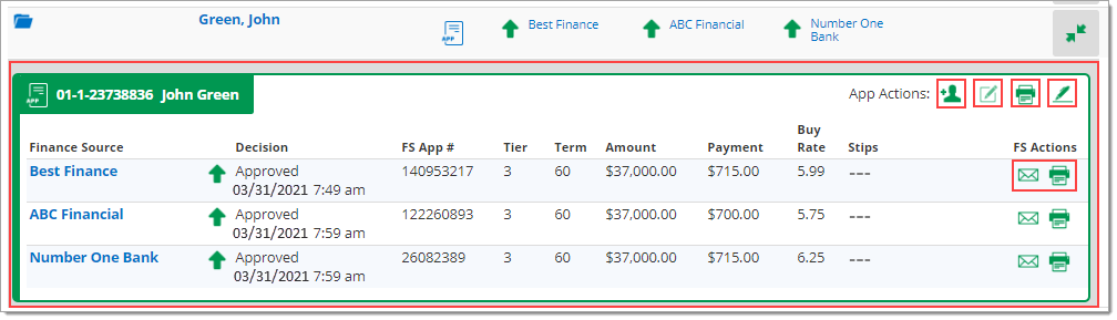Box around the expanded Decision Snapshot, with boxes around credit applications actions that can be taken: add co-applicant, edit, print, eSign. Box around finance source actions that can be taken: text finance source, print finance source decision. 
