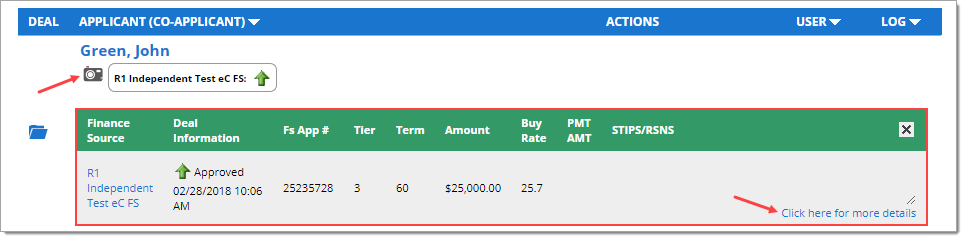 Arrow pointing to camera icon. Box around expanded section with information about the credit application. Arrow pointing to ‘Click here for more details’ link. 