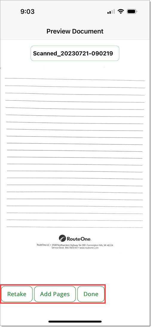 Mobile screenshot of the preview document highlighting the ‘Retake’, ‘Add Pages’, and ‘Done’ options.