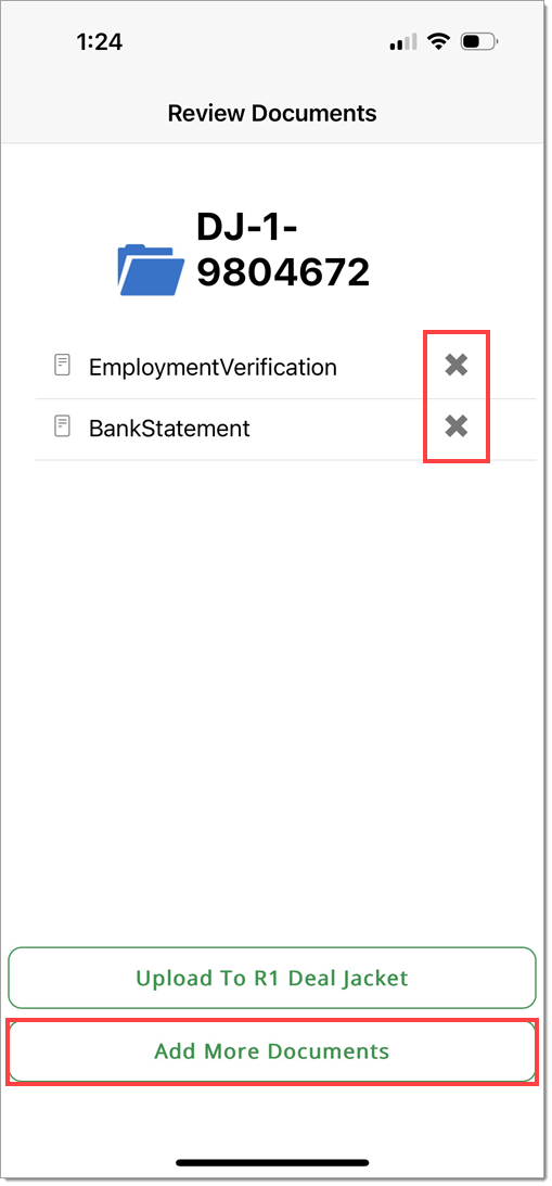 A mobile screenshot of the ‘Review Documents’ page with a box highlighting the ‘x’ icons for each document and a box highlighting the ‘Add More Documents’ button.