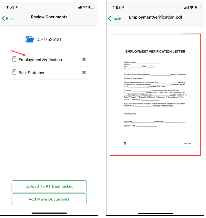 Two mobile screenshots.  The first is the ‘Review Documents’ page with an arrow pointing to the Employment Verification document.  The second is the Employment Verification document opened and highlighted by a box.
