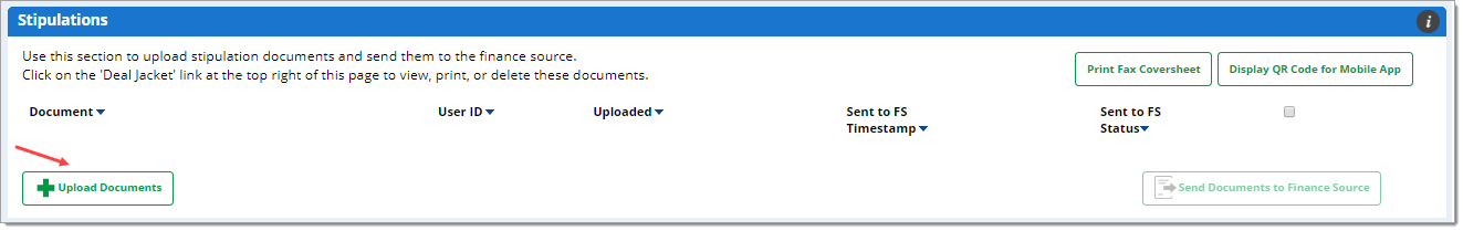 The Stipulations section with an arrow pointing to the ‘Upload Documents’ button.