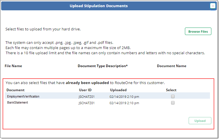 The ‘Upload Stipulation Documents’ pop-up with a box highlighting the documents that can be uploading.