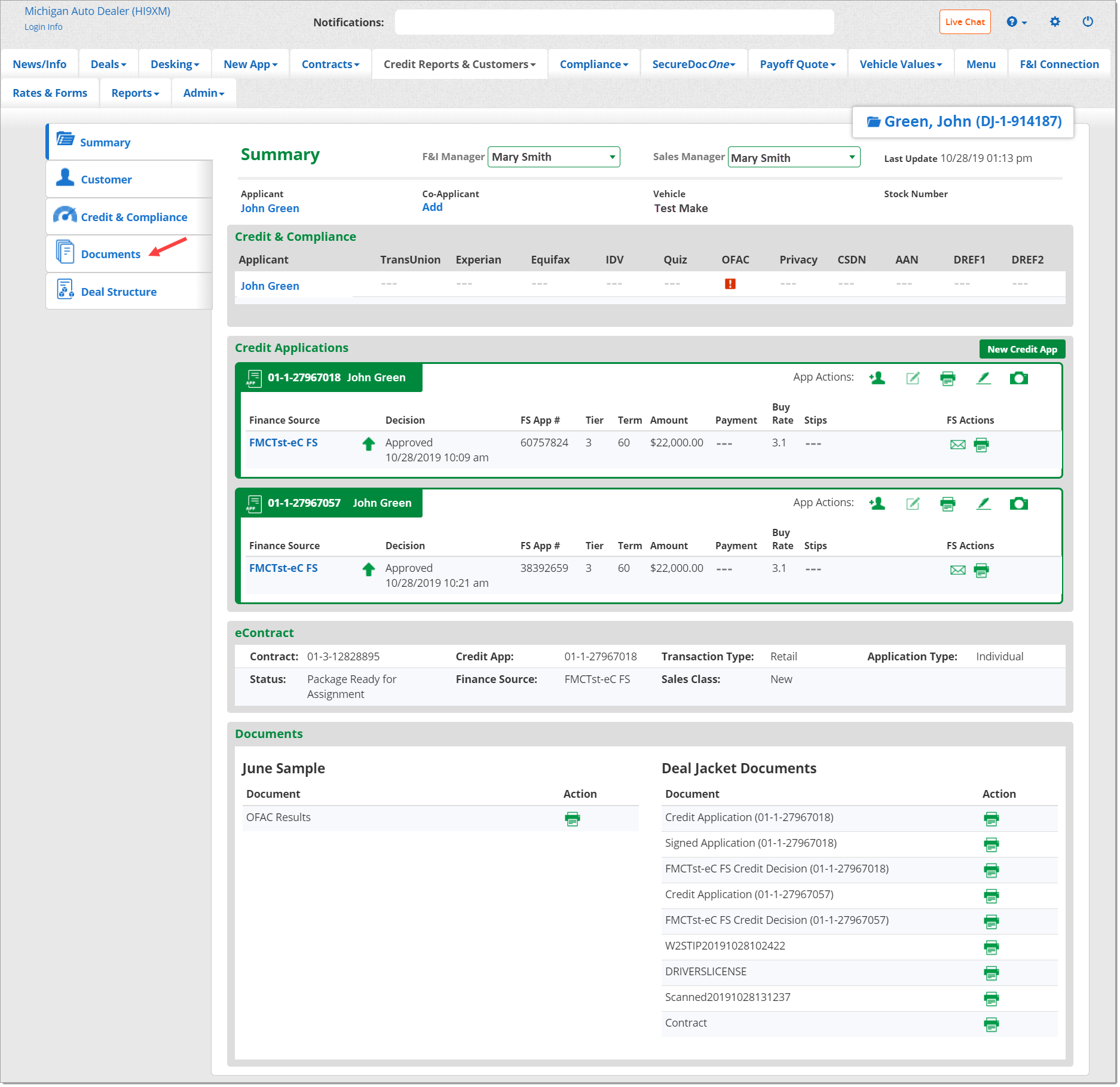 The Summary page with an arrow pointing to the Documents tab.