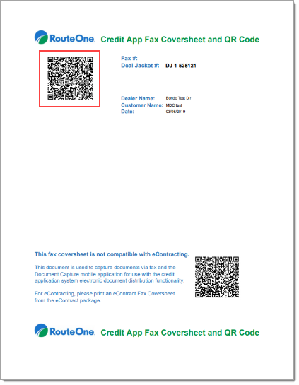 The Credit App Fax Cover Sheet and QR Code with a box highlighting the top QR code.