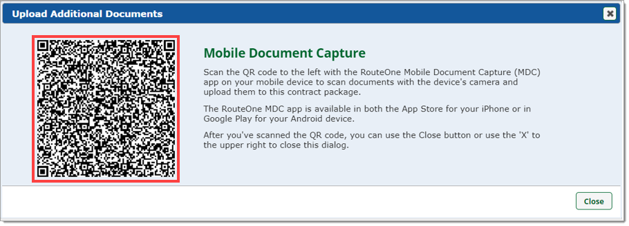 The ‘Upload Additional Documents pop-up with a box highlighting the QR code.