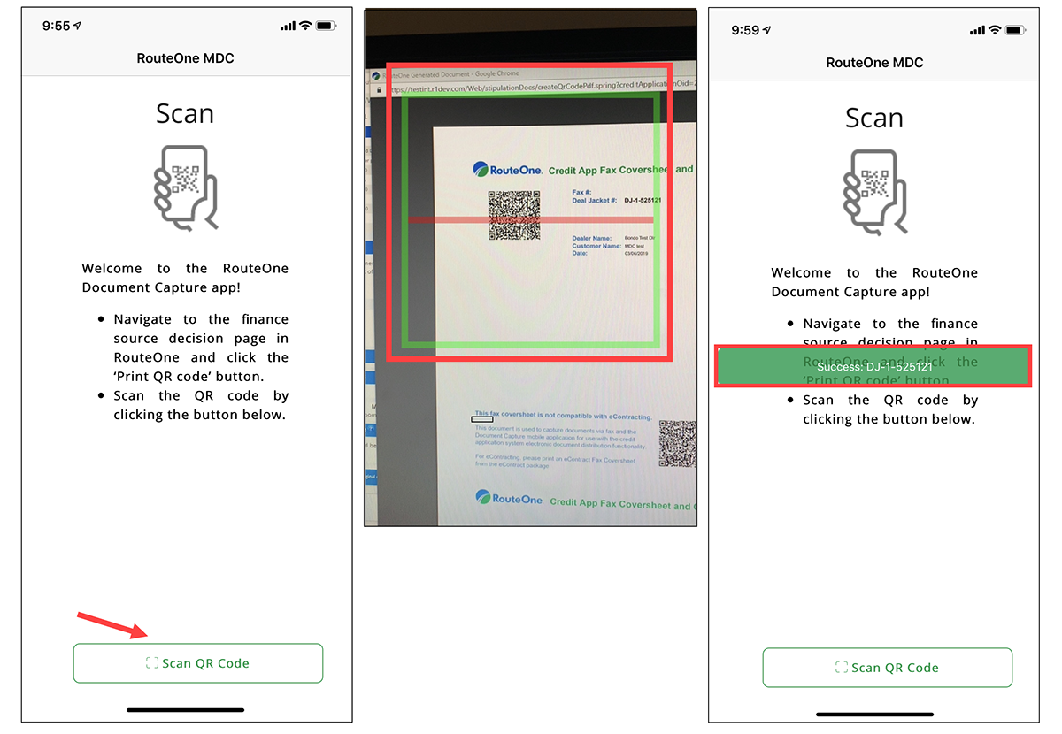 Three mobile screenshots.  The first is the Scan page, with an arrow pointing to the ‘Scan QR Code’ button.  The second is the camera scanning screen, scanning the RouteOne QR code.  The third is the Scan page with a box highlighting a ‘Success’ message.