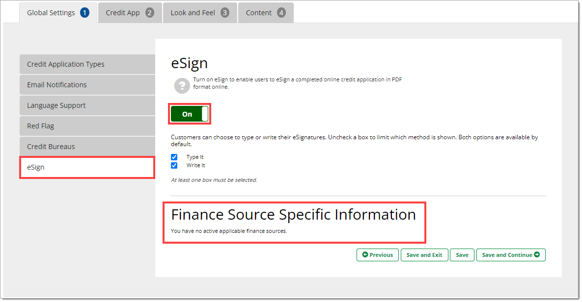 The eSign page of the Global Settings tab with a box highlighting the eSign toggle set to ‘On,’ and a box  highlighting the ‘Finance Source Specific Information’ section.