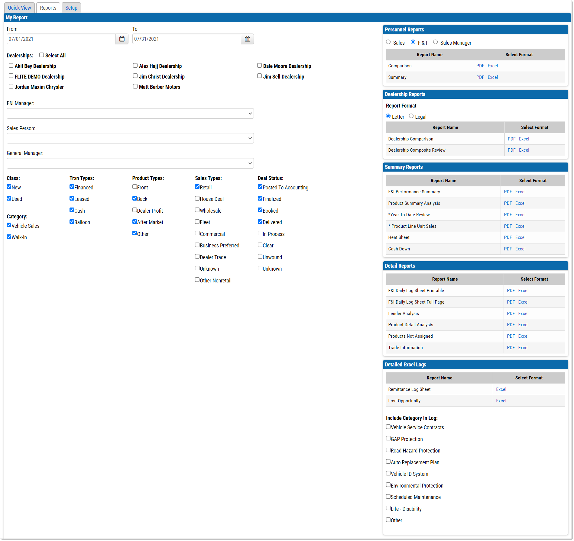 The Reports tab of the Menu Reports page.