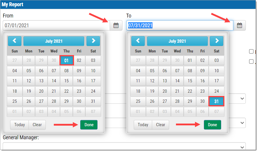 A zoomed-in view of the ’From’ and ’To’ fields of the My Report section, with the calendars expanded. The selected dates are highlighted by boxes, and there are arrows pointing to both ’Calendar’ icons and ’Done’ buttons.
