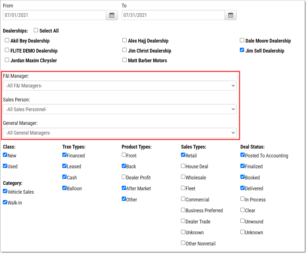 A zoomed-in view of the options in the My Report section of the Menu Reports page, with a box highlighting the ’F&I Manager,’ ’Sales Person,’ and ’General Manager’ dropdown menus.