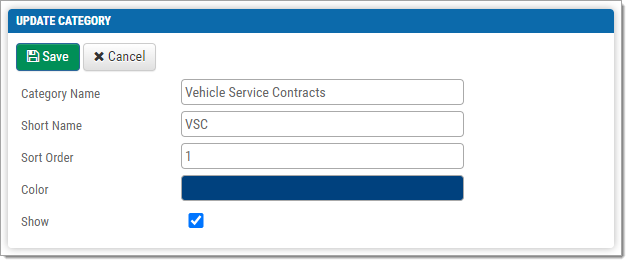 The Update Category window for the Vehicle Service Contracts category.