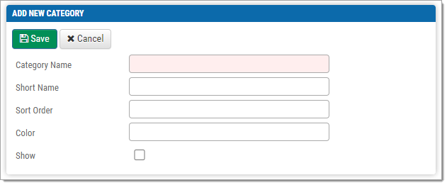 The Add New Category window. The Category Name field has a light pink background.