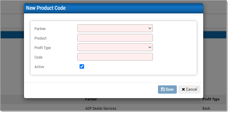 The New Product Code popup window. All fields have a light pink background.