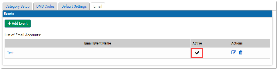 The Events section with a test email event in the list. There is a checkmark in the Active column, which is highlighted by a box.