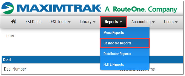 A zoomed-in view of the top menu on the RouteOne Menu home page, with the ‘Reports’ drop-down menu expanded and highlighted by a box, and the ‘Dashboard Reports’ option of the drop-down menu highlighted by a box.