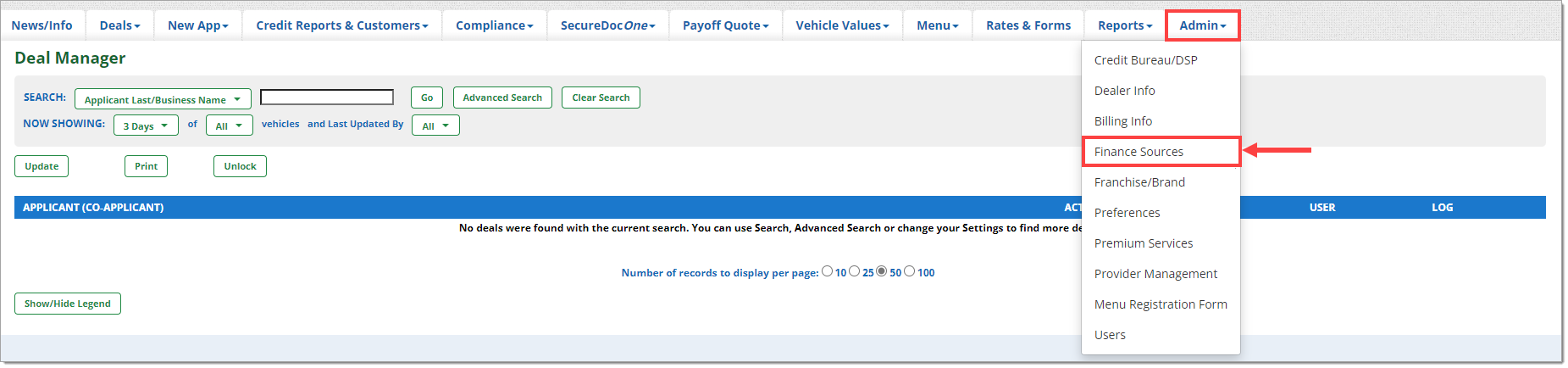 The top menu with the ‘Admin’ drop-down highlighted by a box and expanded, and the ‘Finance Sources’ option highlighted by a box with an arrow pointing to it.