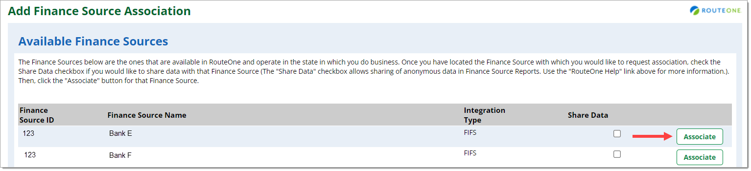 The ‘Add Finance Source Association’ page with an arrow pointing to the ‘Associate’ button.