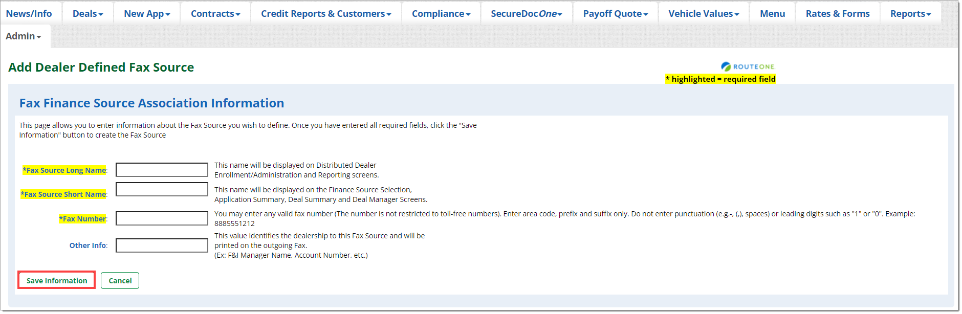 The Add Dealer Defined Fax Source page with a box highlighting the ‘Save Information’ button.