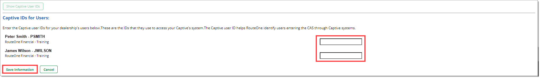 The opened Captive IDs for Users section of the Finance Source Associations page with a box highlighting the Captive ID fields and a box highlighting the ‘Save Information’ button. 