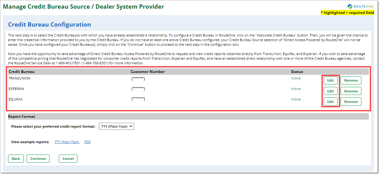 Box around Credit Bureau section and box around ‘Edit’ buttons for the available Credit Bureaus. 