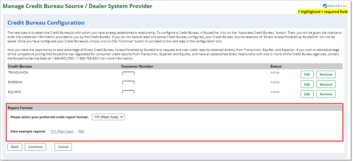 Box around Report Format section, showing the dropdown format options, and the links for viewing sample TTY (Plain Text) or PDF reports. 