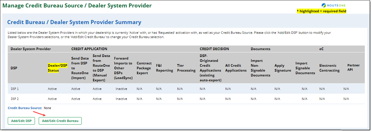 Arrow pointing to ‘Add/Edit Credit Bureau’ button. 