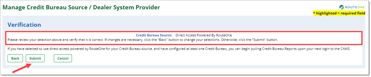 Box around Credit Bureau you are adding. Arrow pointing to ‘Submit’ button.