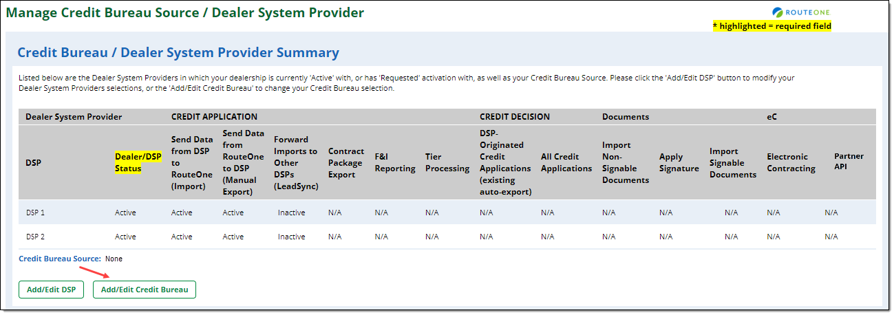 Arrow pointing to ‘Add/Edit Credit Bureau’ button. 