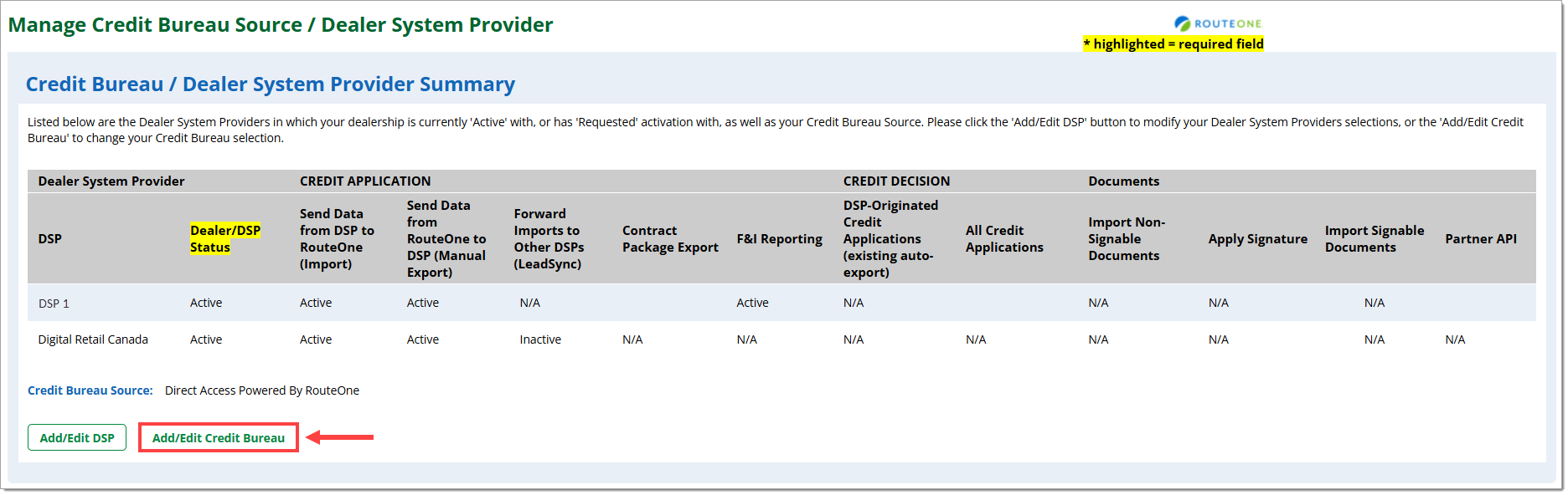 The Credit Bureau / Dealer System Provider Summary page with the ‘Add/Edit Credit Bureau’ button highlighted by a box with an arrow pointing to it.