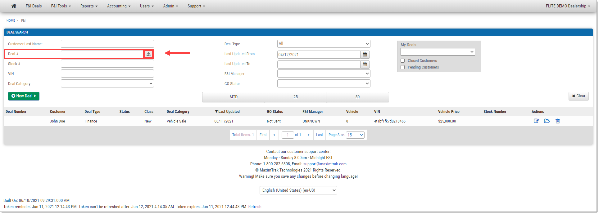 The F&I Deals page with a box highlighting the ’Deal #’ field and the ’Enter’ icon within it, and an arrow pointing towards it.