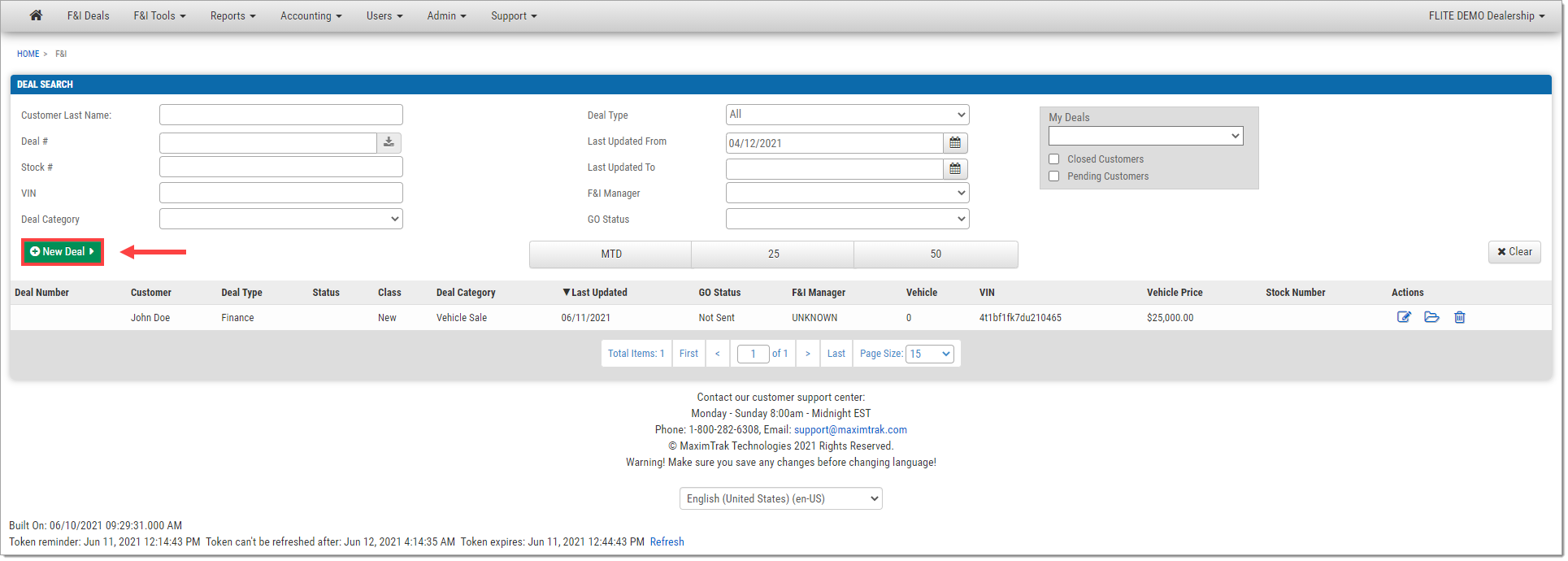 The F&I Deals page with a box highlighting and arrow pointing towards the ’New Deal’ button.