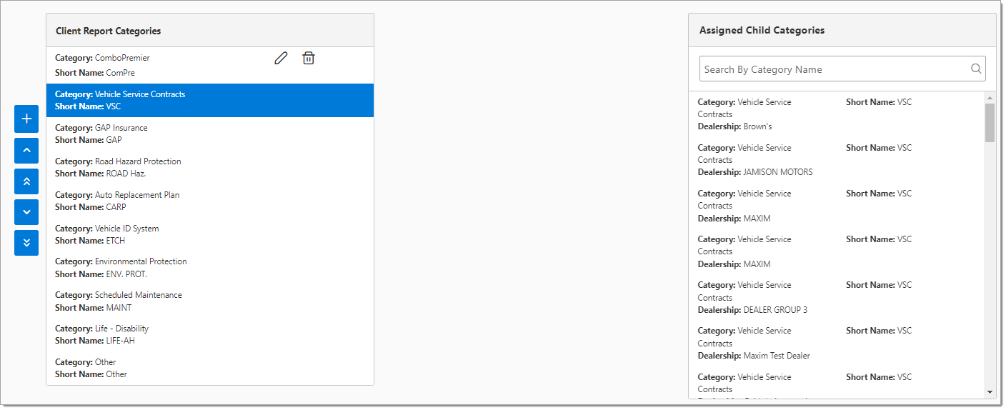 A cropped view of the ‘Client Report Categories’ and ‘Assigned Child Categories’ panels, with one of the client report categories selected. 